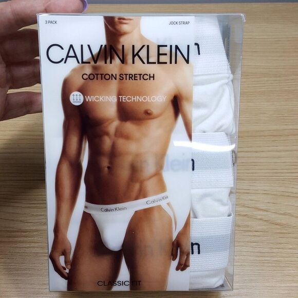 CALVIN KLEIN Jock Strap Mens XL White 3-Pack Cotton Stretch Wicking Logo - Picture 1 of 4